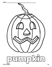 Free printable pumpkin Halloween coloring page for preschool, pre-k, and kindergarten, PDF