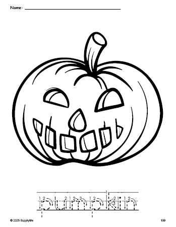 Free printable pumpkin Halloween coloring page and word tracing worksheet, letter formation guides, perfect for preschool, pre-k, and kindergarten, PDF