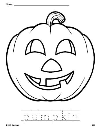 Free printable pumpkin Halloween coloring page and word tracing worksheet, perfect for preschool, pre-k, and kindergarten, PDF