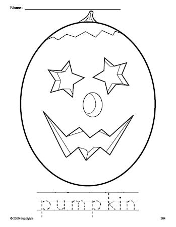 Free printable pumpkin Halloween coloring page and word tracing worksheet, perfect for preschool, pre-k, and kindergarten, PDF