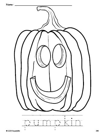 Free printable pumpkin Halloween coloring page and word tracing worksheet, perfect for preschool, pre-k, and kindergarten, PDF