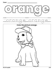 Free puppy color orange coloring page and color worksheet, orange worksheet for preschoolers to learn colors, printable PDF