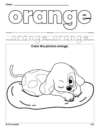 Free puppy color orange coloring page and color worksheet, orange worksheet for preschoolers to learn colors, printable PDF