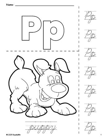 Free printable puppy coloring page and cursive letter tracing worksheet, letter p worksheet for preschool, pre-k, and kindergarten, PDF