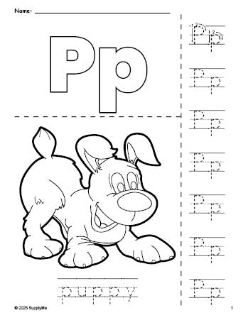 Free printable puppy coloring page and letter tracing worksheet, letter p worksheet for preschool, pre-k, and kindergarten, PDF