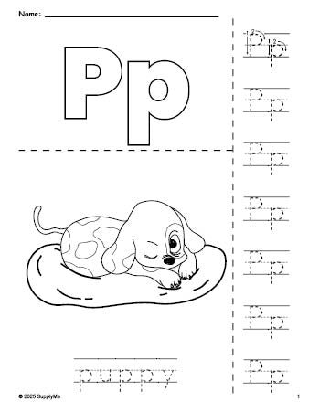 Free printable puppy coloring page and letter tracing worksheet, letter p worksheet for preschool, pre-k, and kindergarten, PDF