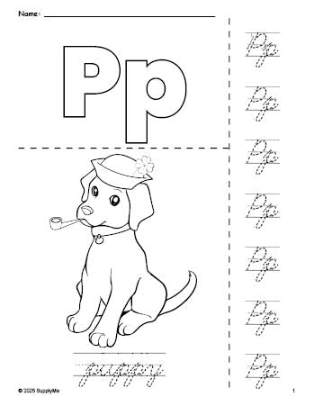Free printable puppy St. Patrick's Day coloring page and cursive letter tracing worksheet, letter p worksheet for preschool, pre-k, and kindergarten, PDF