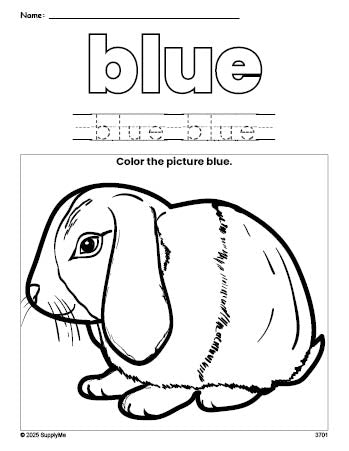 FREE Rabbit Color Blue Coloring Page and Color Worksheet, Blue ...