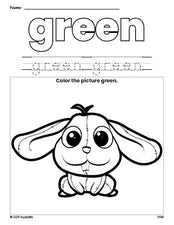 Free rabbit color green coloring page and color worksheet, green worksheet for preschoolers to learn colors, printable PDF