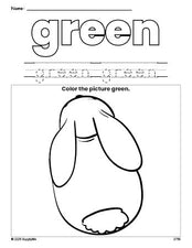 Free rabbit color green coloring page and color worksheet, green worksheet for preschoolers to learn colors, printable PDF