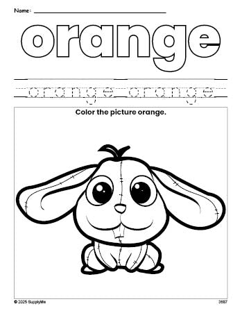 Free rabbit color orange coloring page and color worksheet, orange worksheet for preschoolers to learn colors, printable PDF