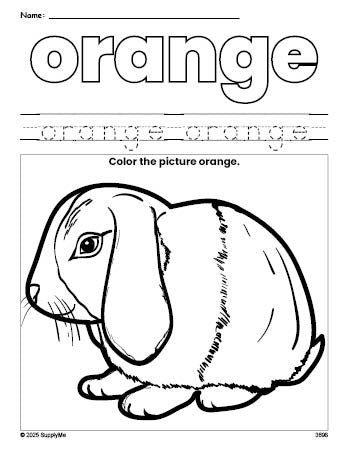 Free rabbit color orange coloring page and color worksheet, orange worksheet for preschoolers to learn colors, printable PDF