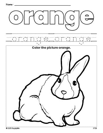 Free rabbit color orange coloring page and color worksheet, orange worksheet for preschoolers to learn colors, printable PDF