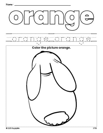 Free rabbit color orange coloring page and color worksheet, orange worksheet for preschoolers to learn colors, printable PDF