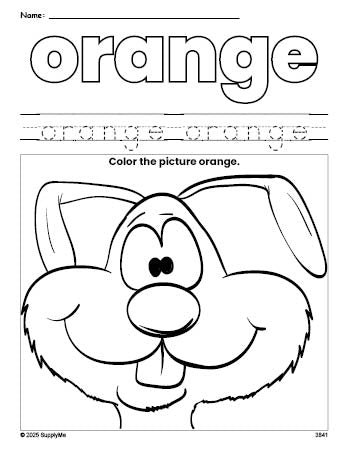 Free rabbit color orange coloring page and color worksheet, orange worksheet for preschoolers to learn colors, printable PDF