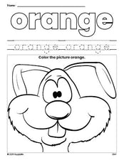 Free rabbit color orange coloring page and color worksheet, orange worksheet for preschoolers to learn colors, printable PDF