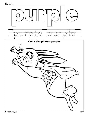 Free rabbit color purple coloring page and color worksheet, purple worksheet for preschoolers to learn colors, printable PDF