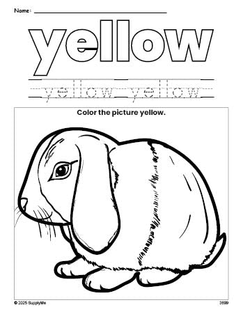 FREE Rabbit Color Yellow Coloring Page and Color Worksheet, Yellow ...