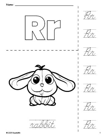 Free printable rabbit coloring page and cursive letter tracing worksheet, letter r worksheet for preschool, pre-k, and kindergarten, PDF