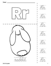 Free printable rabbit coloring page and cursive letter tracing worksheet, letter r worksheet for preschool, pre-k, and kindergarten, PDF