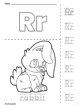 Free printable rabbit coloring page and letter tracing worksheet, letter r worksheet for preschool, pre-k, and kindergarten, PDF