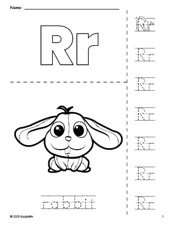 Free printable rabbit coloring page and letter tracing worksheet, letter r worksheet for preschool, pre-k, and kindergarten, PDF