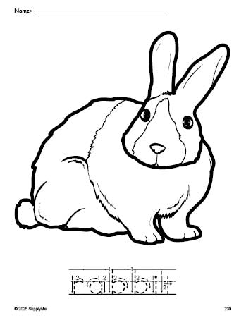 Free printable rabbit coloring page and word tracing worksheet, letter formation guides, perfect for preschool, pre-k, and kindergarten, PDF