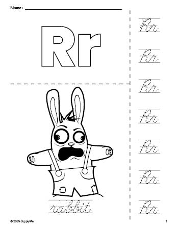 Free printable rabbit Easter coloring page and cursive letter tracing worksheet, letter r worksheet for preschool, pre-k, and kindergarten, PDF