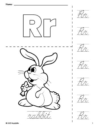 Free printable rabbit Easter coloring page and cursive letter tracing worksheet, letter r worksheet for preschool, pre-k, and kindergarten, PDF