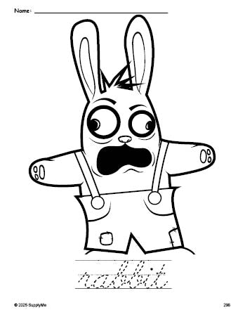 Free printable rabbit Easter coloring page and cursive word tracing worksheet, perfect for preschool, pre-k, and kindergarten, PDF