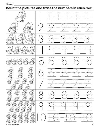 Free printable rabbit counting worksheet for preschool and pre-k with number tracing practice 1-10, PDF