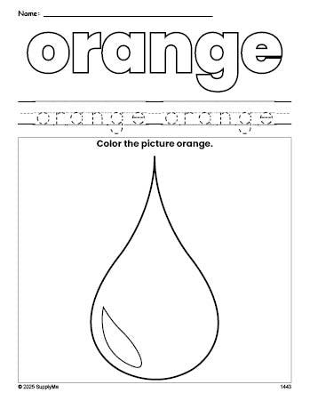 Free raindrop color orange coloring page and color worksheet, orange worksheet for preschoolers to learn colors, printable PDF