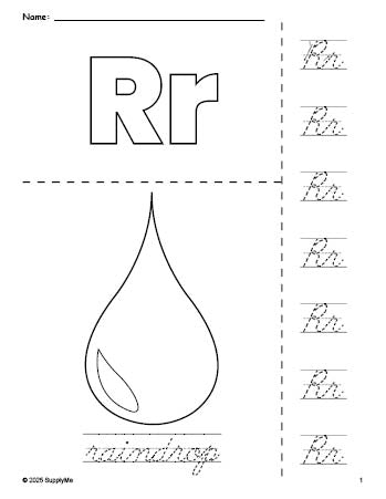 Free printable raindrop coloring page and cursive letter tracing worksheet, letter r worksheet for preschool, pre-k, and kindergarten, PDF
