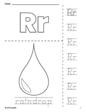 Free printable raindrop coloring page and letter tracing worksheet, letter r worksheet for preschool, pre-k, and kindergarten, PDF