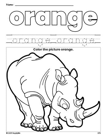 Free rhinoceros color orange coloring page and color worksheet, orange worksheet for preschoolers to learn colors, printable PDF