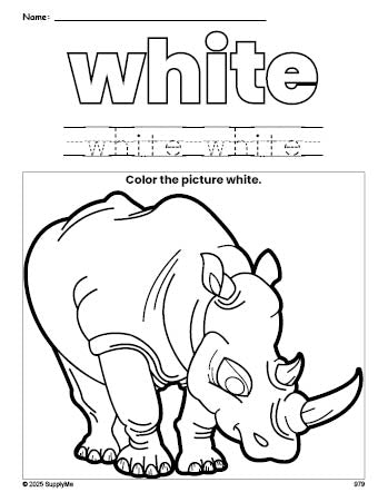 Free rhinoceros color white coloring page and color worksheet, white worksheet for preschoolers to learn colors, printable PDF