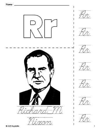 Free printable Richard M Nixon Presidents' Day coloring page and cursive letter tracing worksheet, letter r worksheet for preschool, pre-k, and kindergarten, PDF