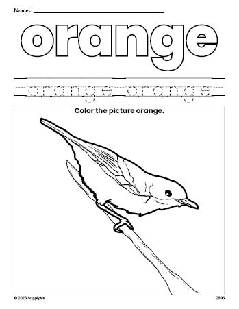 Free robin color orange coloring page and color worksheet, orange worksheet for preschoolers to learn colors, printable PDF