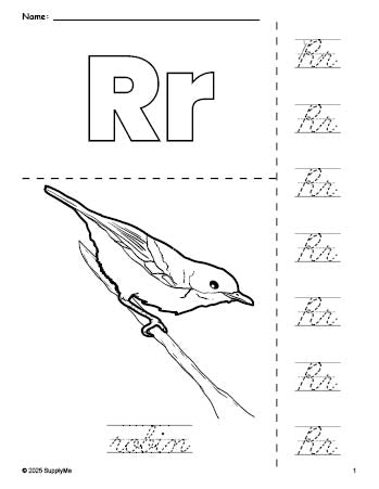 Letter R Robin FREE Printable Robin Coloring Page and Cursive Letter Tracing Worksheet ...