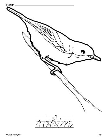 Obin Cursive FREE Printable Robin Coloring Page and Cursive Word Tracing Worksheet ...