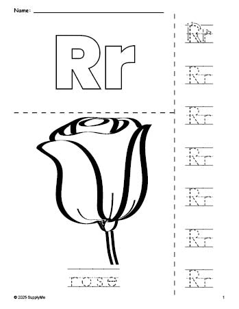 Free printable rose coloring page and letter tracing worksheet, letter r worksheet for preschool, pre-k, and kindergarten, PDF