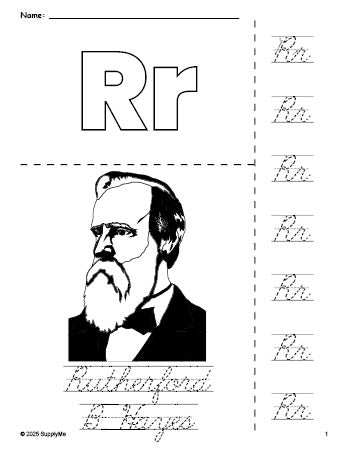 Ernest Rutherford Cursive FREE Printable Rutherford B Hayes Presidents' Day Coloring Page and ...