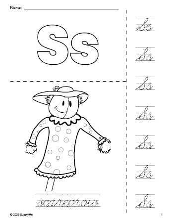 Free printable scarecrow fall coloring page and cursive letter tracing worksheet, letter s worksheet for preschool, pre-k, and kindergarten, PDF