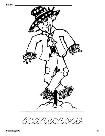 Free printable scarecrow fall coloring page and cursive word tracing worksheet, perfect for preschool, pre-k, and kindergarten, PDF