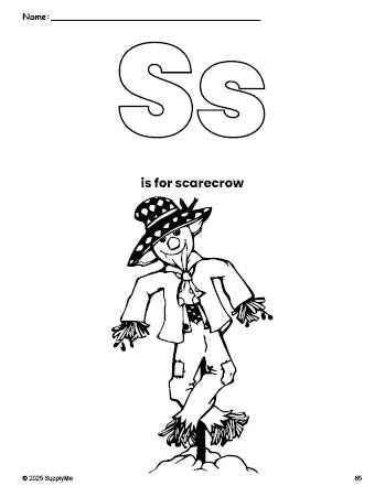 Free printable scarecrow fall coloring page, letter s coloring page for preschool, pre-k, and kindergarten, PDF