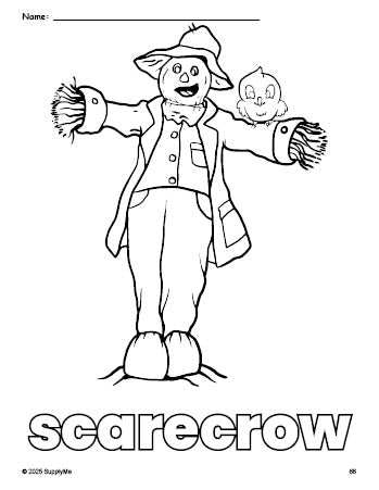 Free printable scarecrow fall coloring page for preschool, pre-k, and kindergarten, PDF