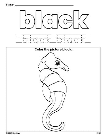 Free seahorse color black coloring page and color worksheet, black worksheet for preschoolers to learn colors, printable PDF