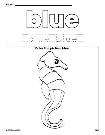 Free seahorse color blue coloring page and color worksheet, blue worksheet for preschoolers to learn colors, printable PDF