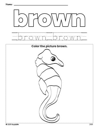 Free seahorse color brown coloring page and color worksheet, brown worksheet for preschoolers to learn colors, printable PDF