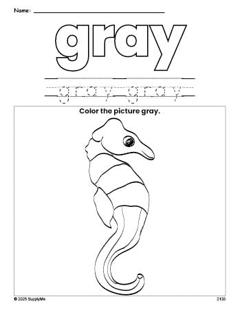 Free seahorse color gray coloring page and color worksheet, gray worksheet for preschoolers to learn colors, printable PDF